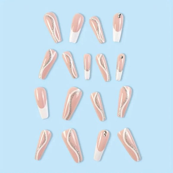 24pcs White French Tip Fake Nails, Glitter Swirl Press On Nails - Picture 3 of 6